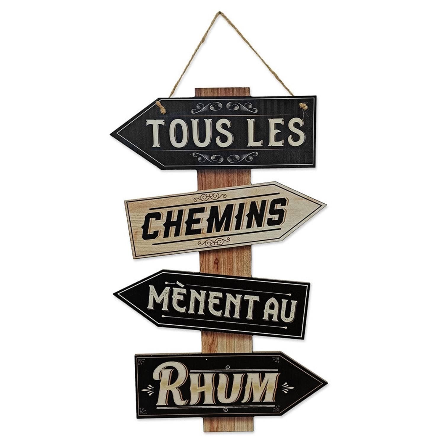 Panneau flèches Tous les Chemins Mènent au RHUM, en bois 43,5cm