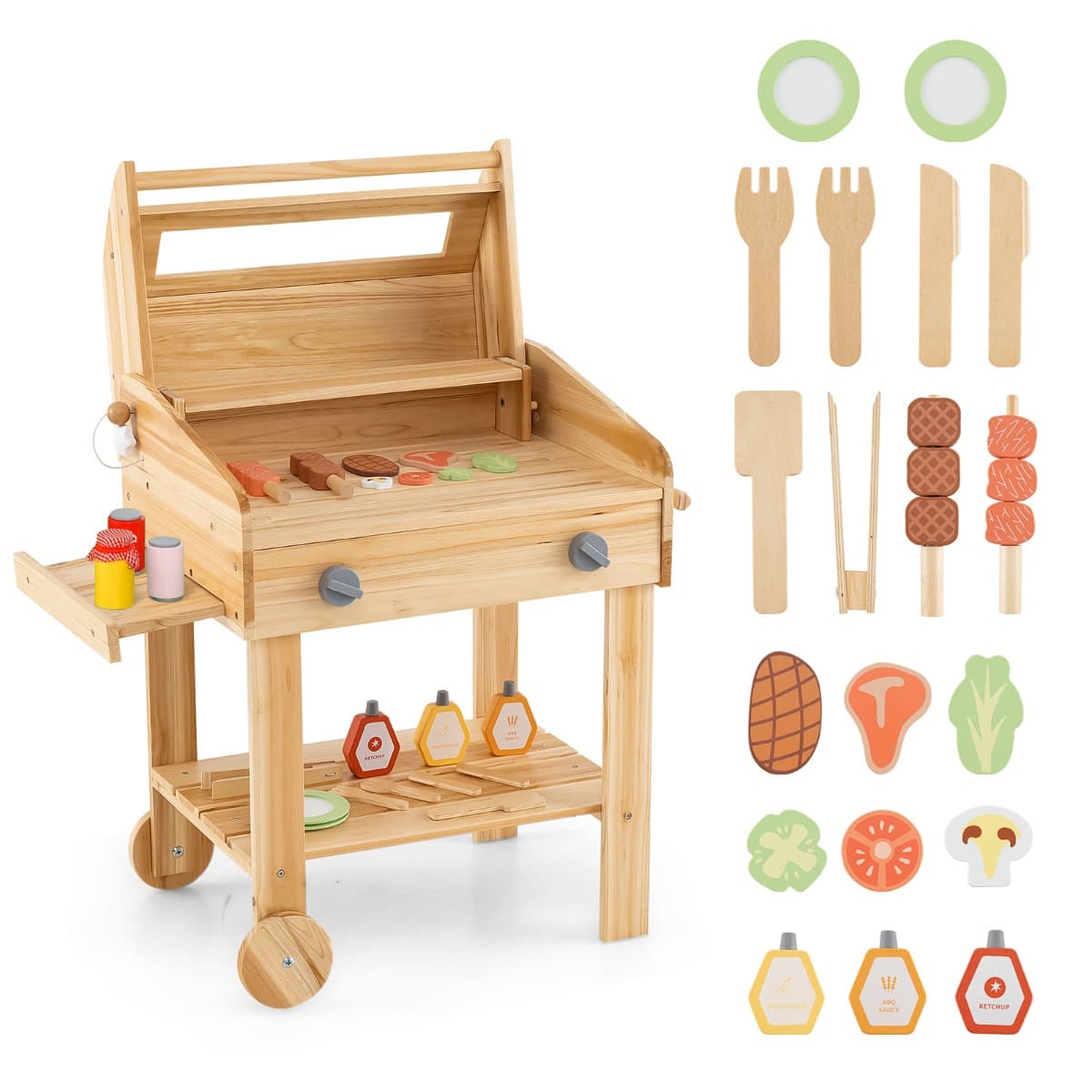 CostwayBarbecue en Bois pour Enfants de +3 Ans Jeu de Cuisine avec Nourriture Ustensiles et Accessoires de Grillades Jeu de Barbecue Naturel