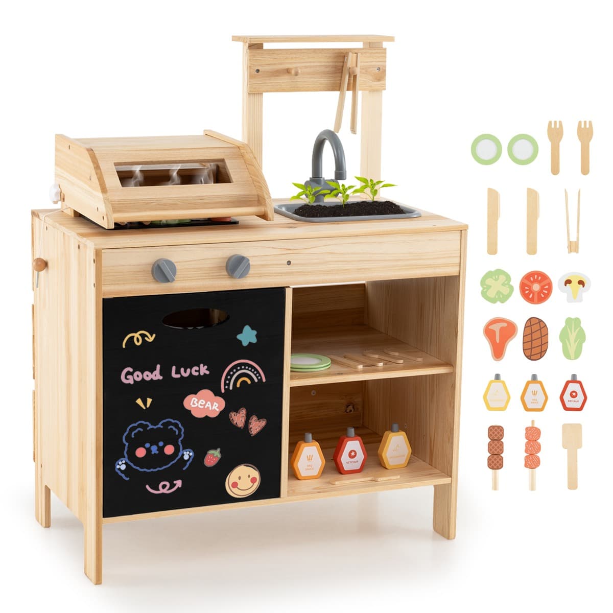 CostwayBarbecue en Bois pour Enfants de +3 Ans Ensemble de Cuisine de Jeu avec Aliments de Jeu Ustensiles et Accessoires de Grillades Naturel