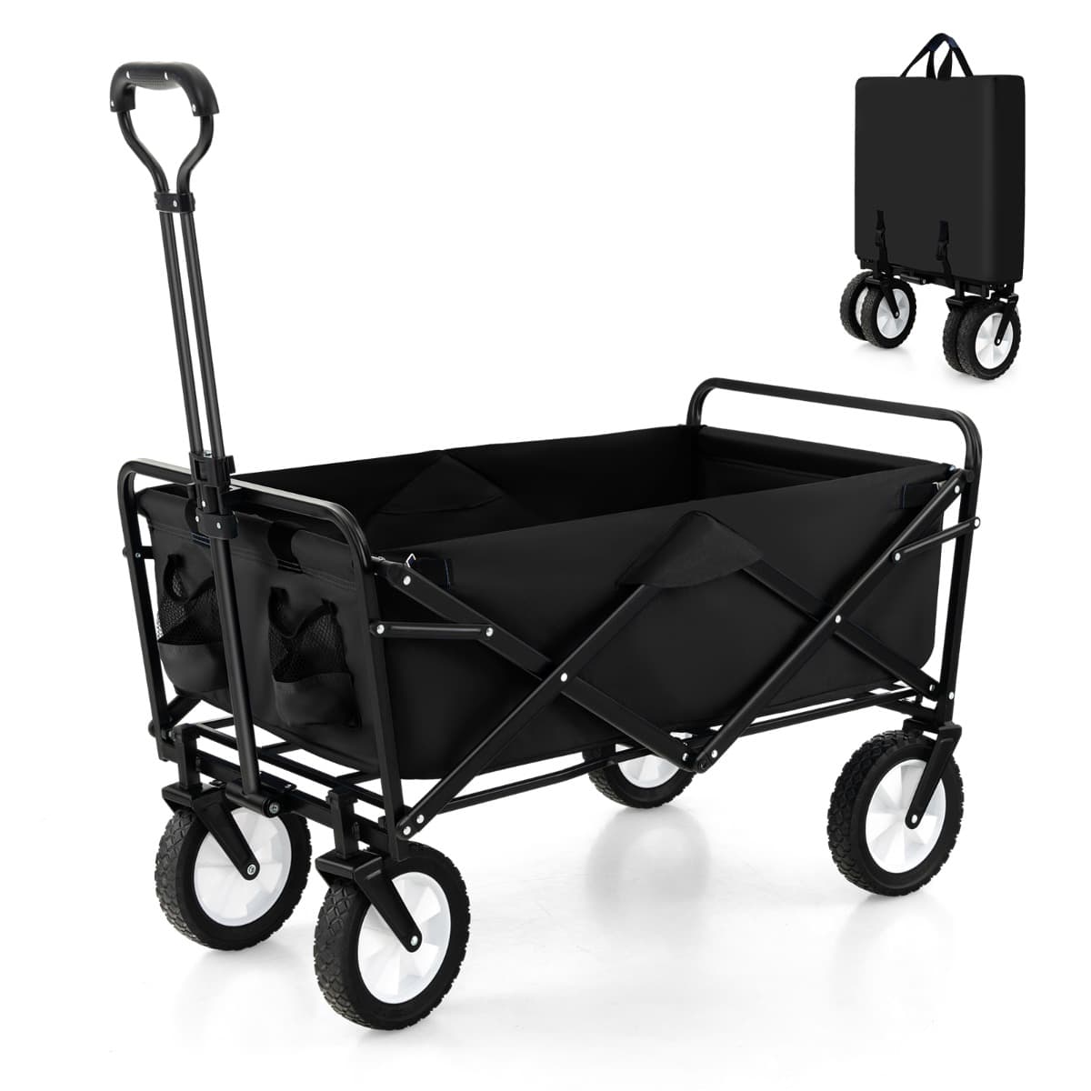 CostwayChariot Roulant Pliable 82 L Chariot Robuste avec Poignée Réglable et Porte-boissons Chariot Utilitaire Extérieur Noir