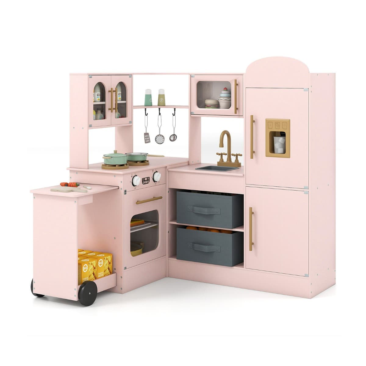 CostwayCuisine d'Angle avec Lumières et Sons Ensemble de Jeu en Bois Interactif avec Plateau Rétractable Évier Plaques de Cuisson Four 3 Ans+ Rose
