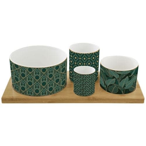 Set Apéritif Charleston 4 Coupelles + Plateau Bambou - Porcelaine Motifs Géométriques Verts