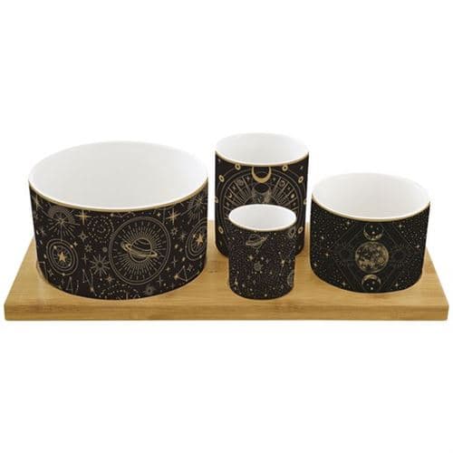 Set apéritif Céleste - 4 coupelles porcelaine et plateau bambou
