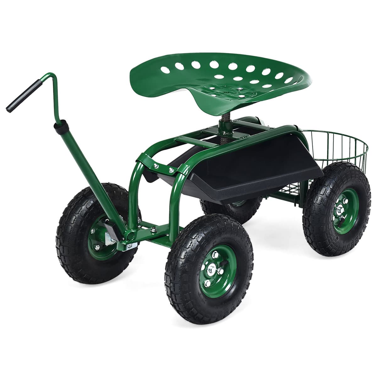 CostwayChariot de Jardin avec Poignée Extensible Panier de Rangement et 2 Plateaux à Outils Scooter à 4 Roues 96,5 x 47,5 x 47-55 cm Vert