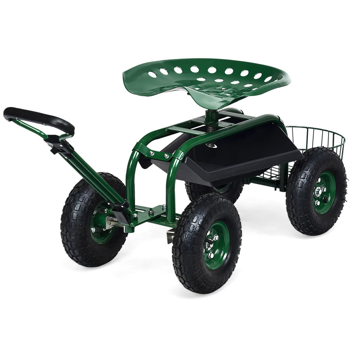 CostwayChariot de Jardin avec Poignée Extensible Panier de Rangement et 2 Plateaux à Outils Scooter à 4 Roues 96,5 x 48,5 x 45,5-54,5 cm Vert