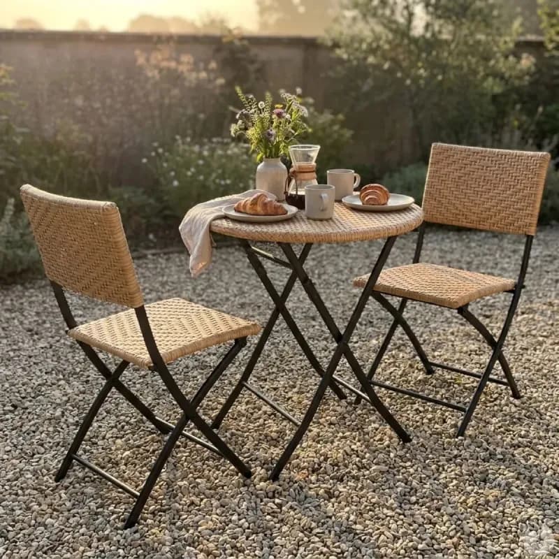 Ensemble Bistrot Table Ronde Ø61cm + 2 Chaises en Osier - Acier Noir